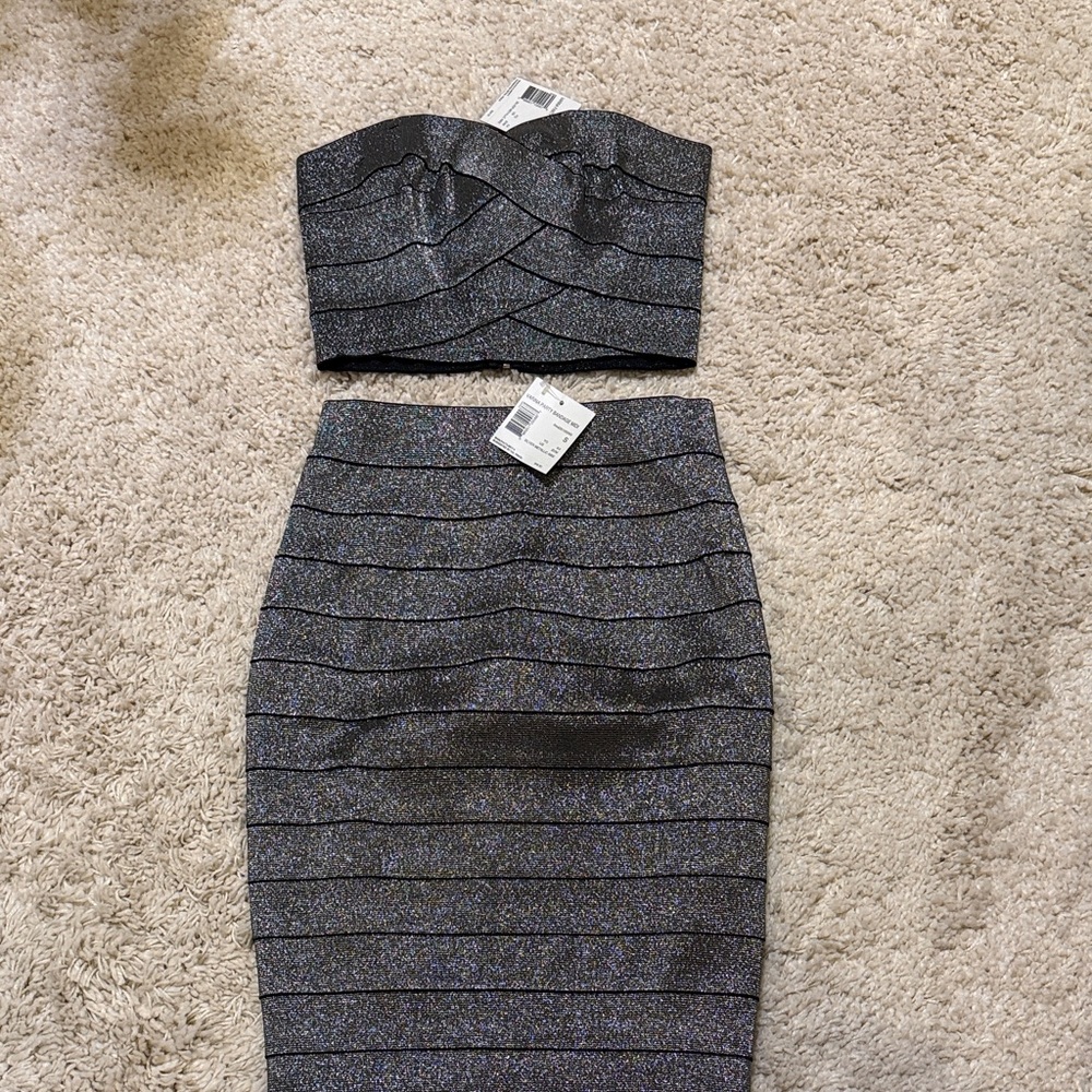 Guess bandage midi skirt crop top silver metalic black zipper small new years